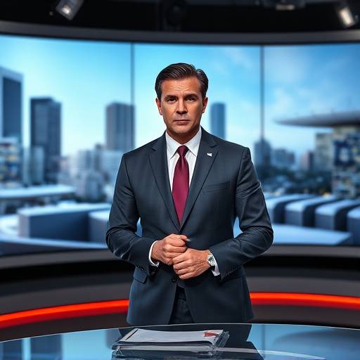Âncora de notícias em um estüdio de televisão moderno.